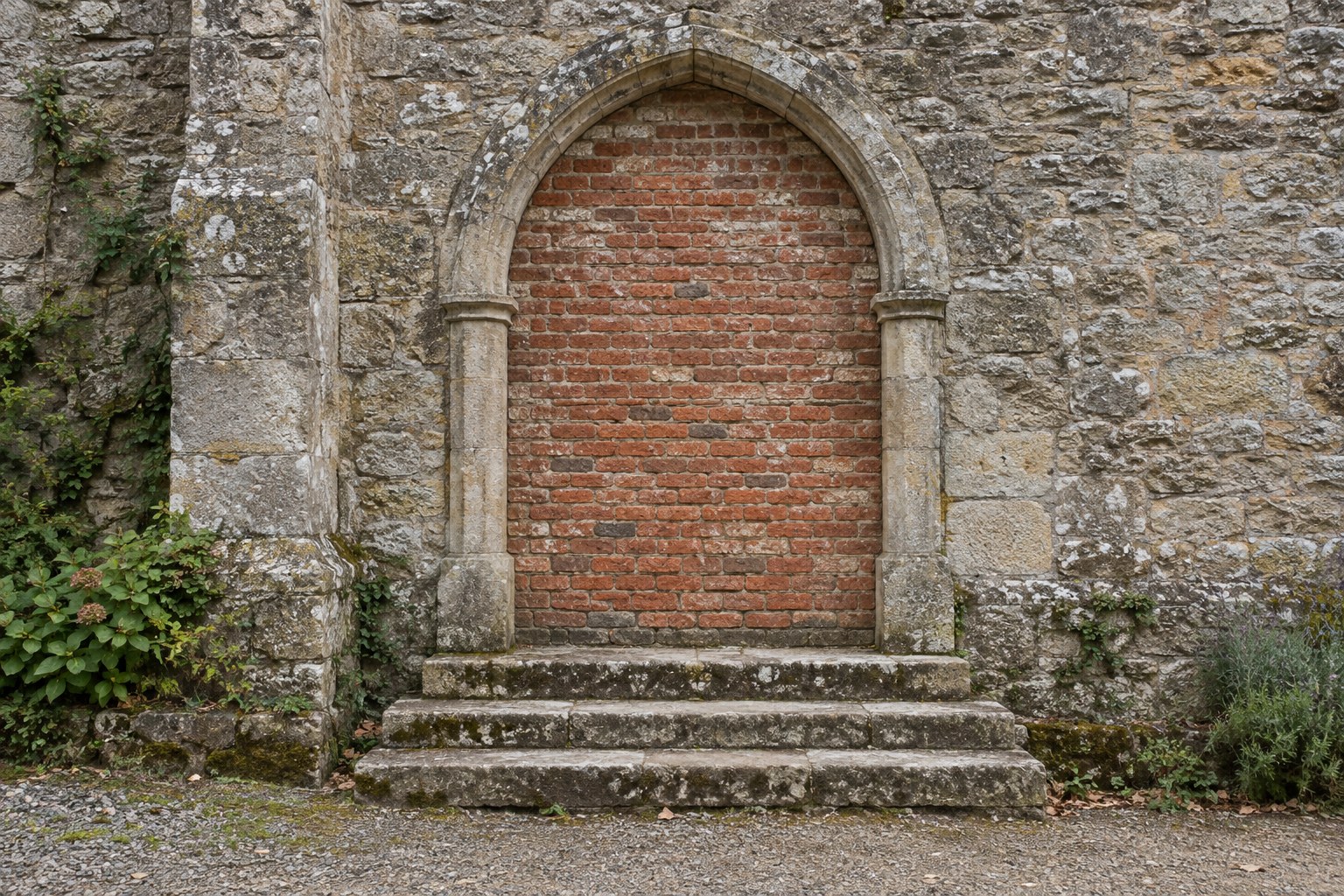 Weathered stone steps leading to an arched doorway filled with brick.